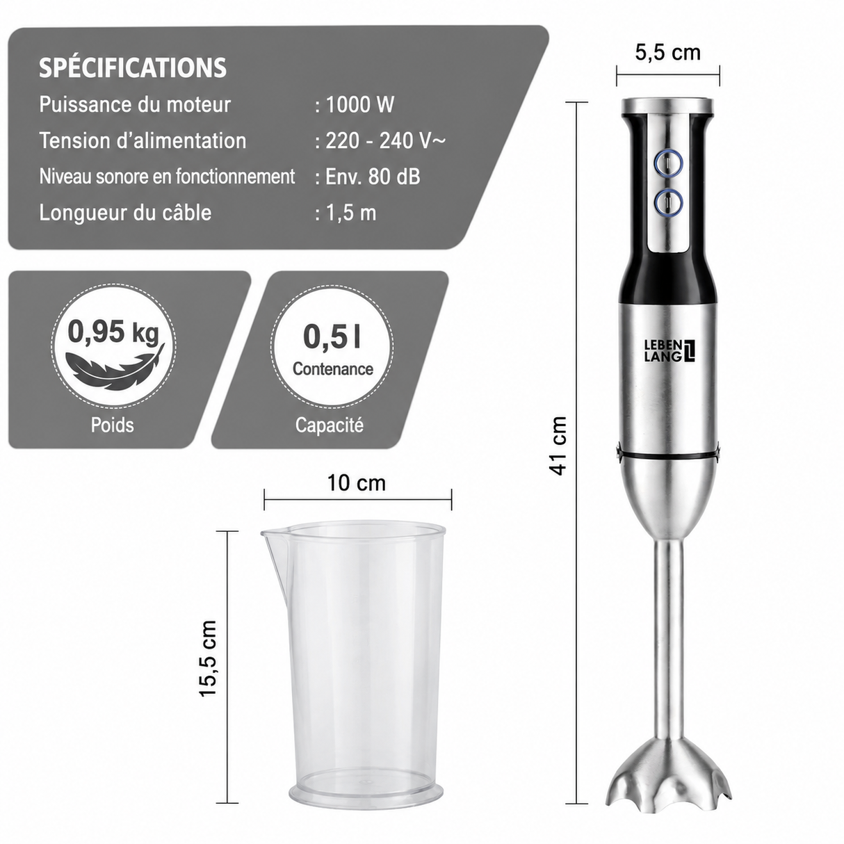 Mixeur plongeant LEBENLANG 1000 W Inox – 8 vitesses + Turbo