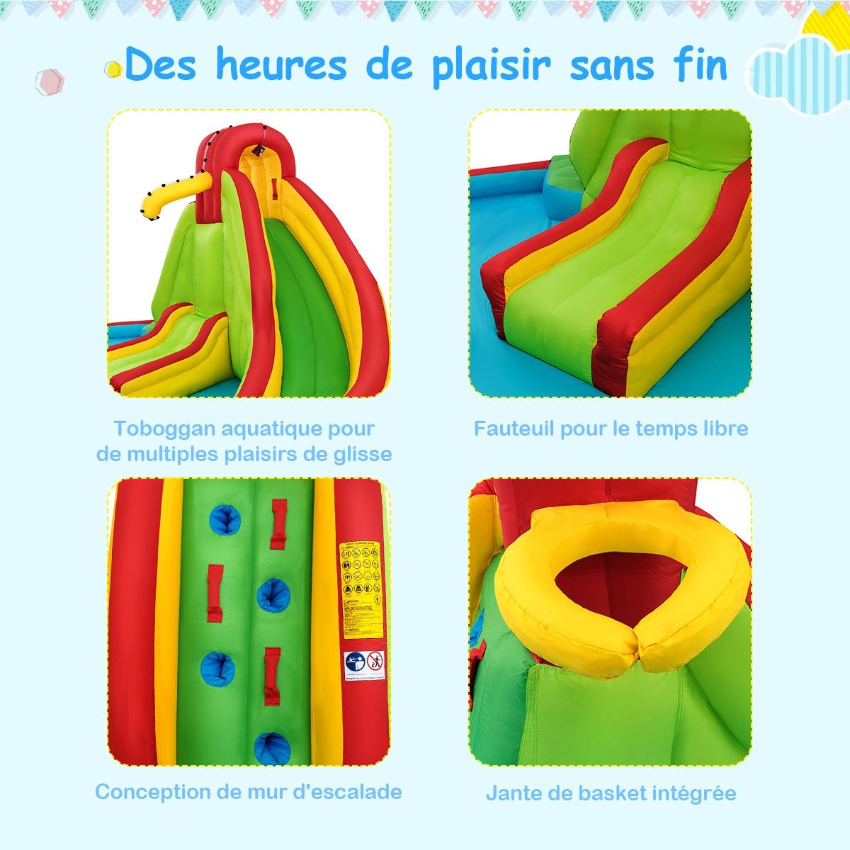 Château Gonflable pour Enfants avec 2 Toboggans et Pataugeoire