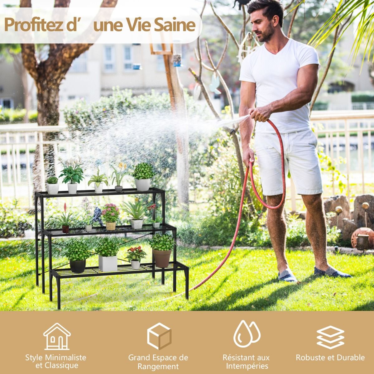 Étagère Plantes en Métal à 3 Niveaux