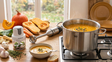 Faitout inox, mixeur plongeant et légumes d'automne sur un plan de travail pour cuisiner une soupe maison