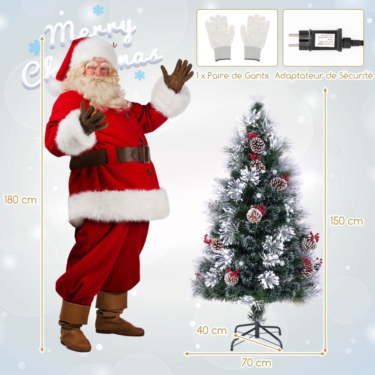 Sapin de Noël Floqué avec Lumières LED et 8 Modes d'Eclairage 150CM/180CM