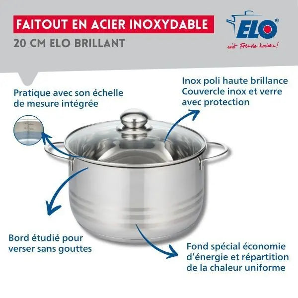 Faitout haut ELO Brillant 20 cm en inox avec couvercle – 3,2 L
