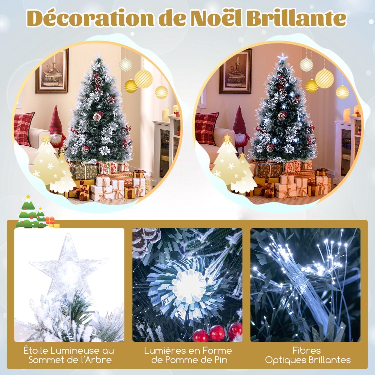 Sapin de Noël Floqué avec Lumières LED et 8 Modes d'Eclairage 150CM/180CM