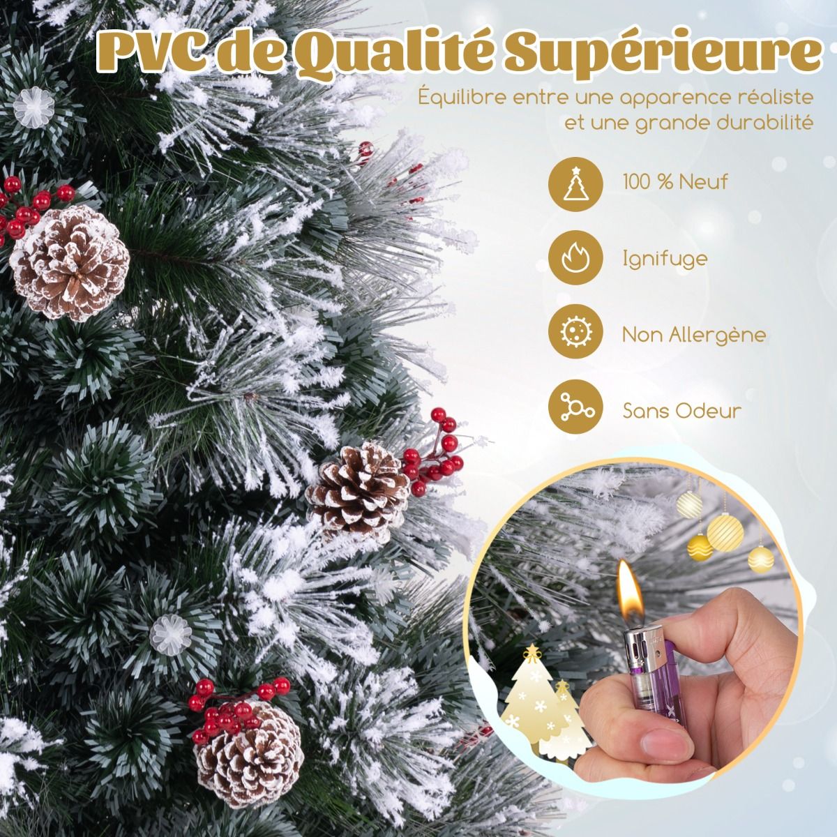 Sapin de Noël Floqué avec Lumières LED et 8 Modes d'Eclairage 150CM/180CM