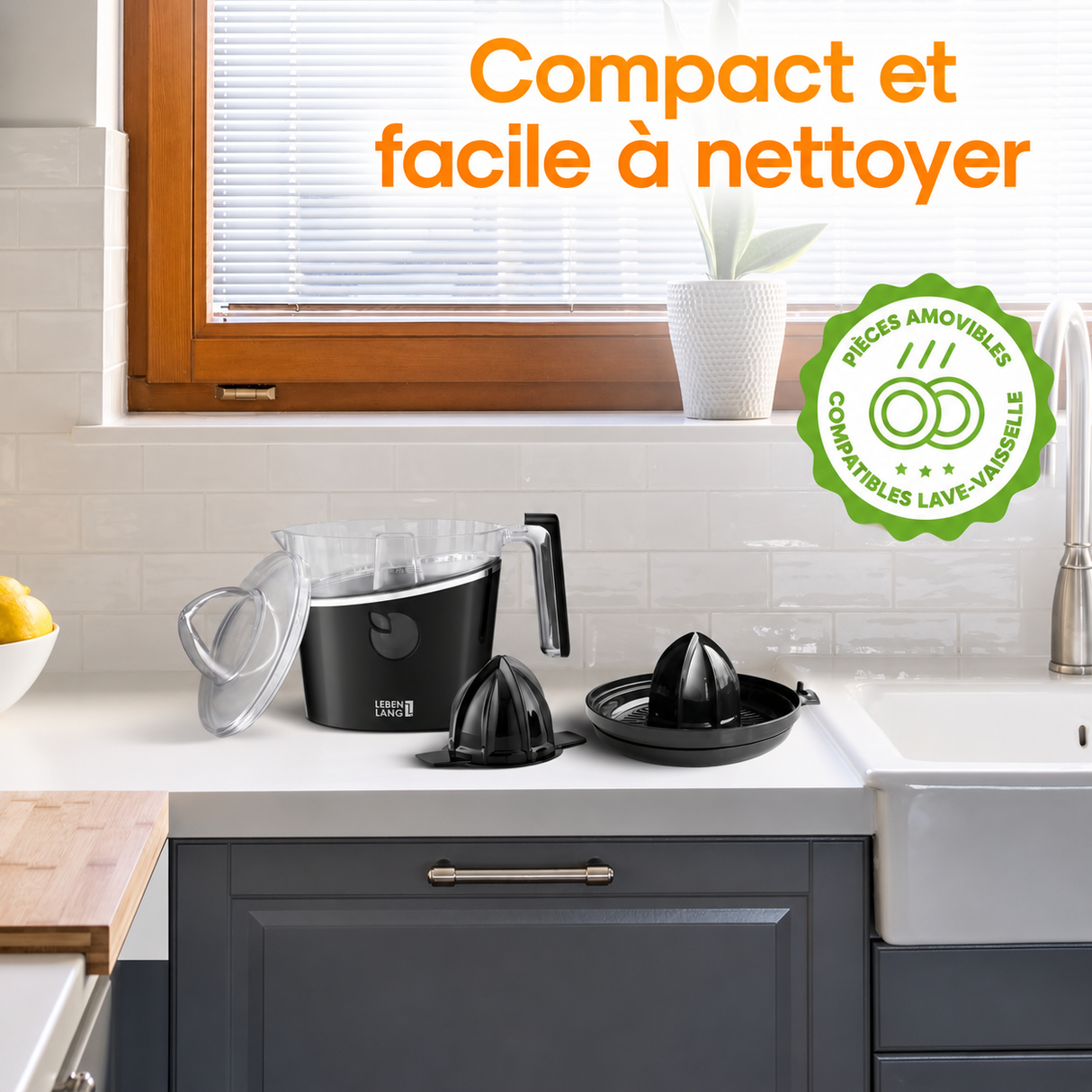 Presse-Agrumes Électrique Lebenlang 800ml – 2 Cônes, Sans BPA
