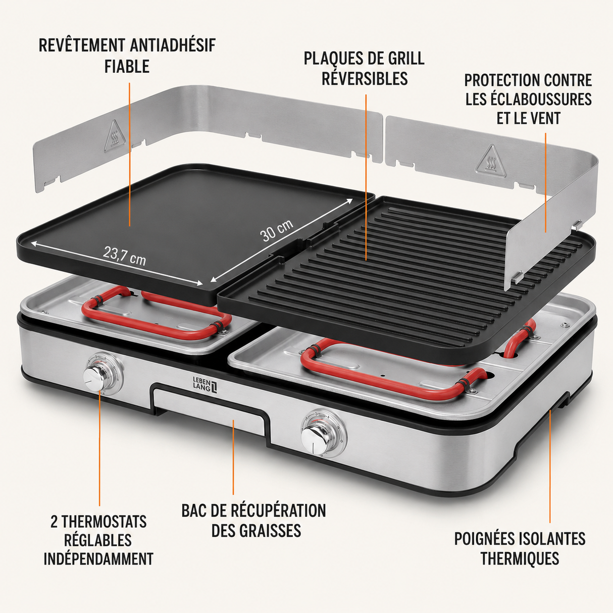 Grill électrique de table LEBENLANG 2400 W – Intérieur & balcon