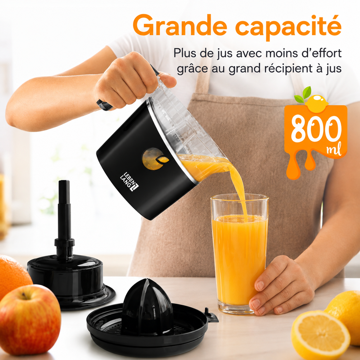 Presse-Agrumes Électrique Lebenlang 800ml – 2 Cônes, Sans BPA