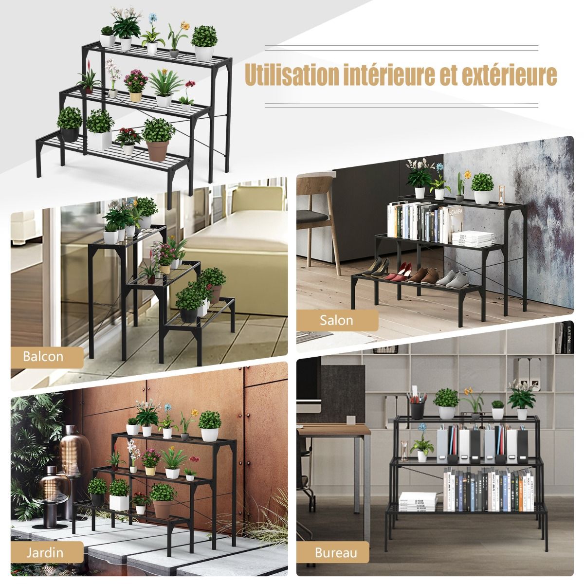 Étagère Plantes en Métal à 3 Niveaux