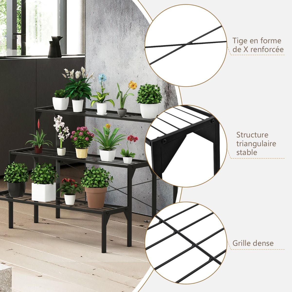Étagère Plantes en Métal à 3 Niveaux